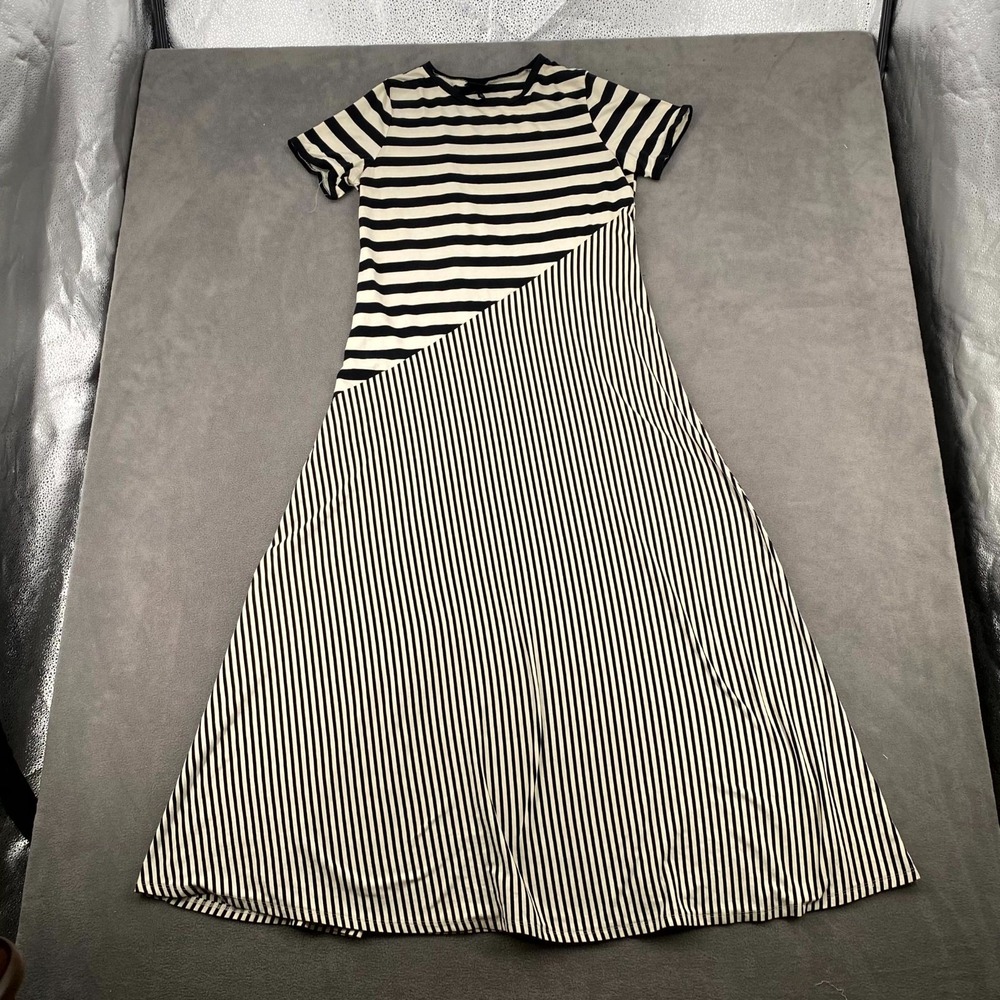 Who What Wear Maxi Dress Women Medium Black White Striped Crew Neck Short Sleeve